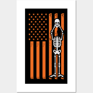 Patriotic Skeleton Holding Skull American Flag Halloween Gift Posters and Art